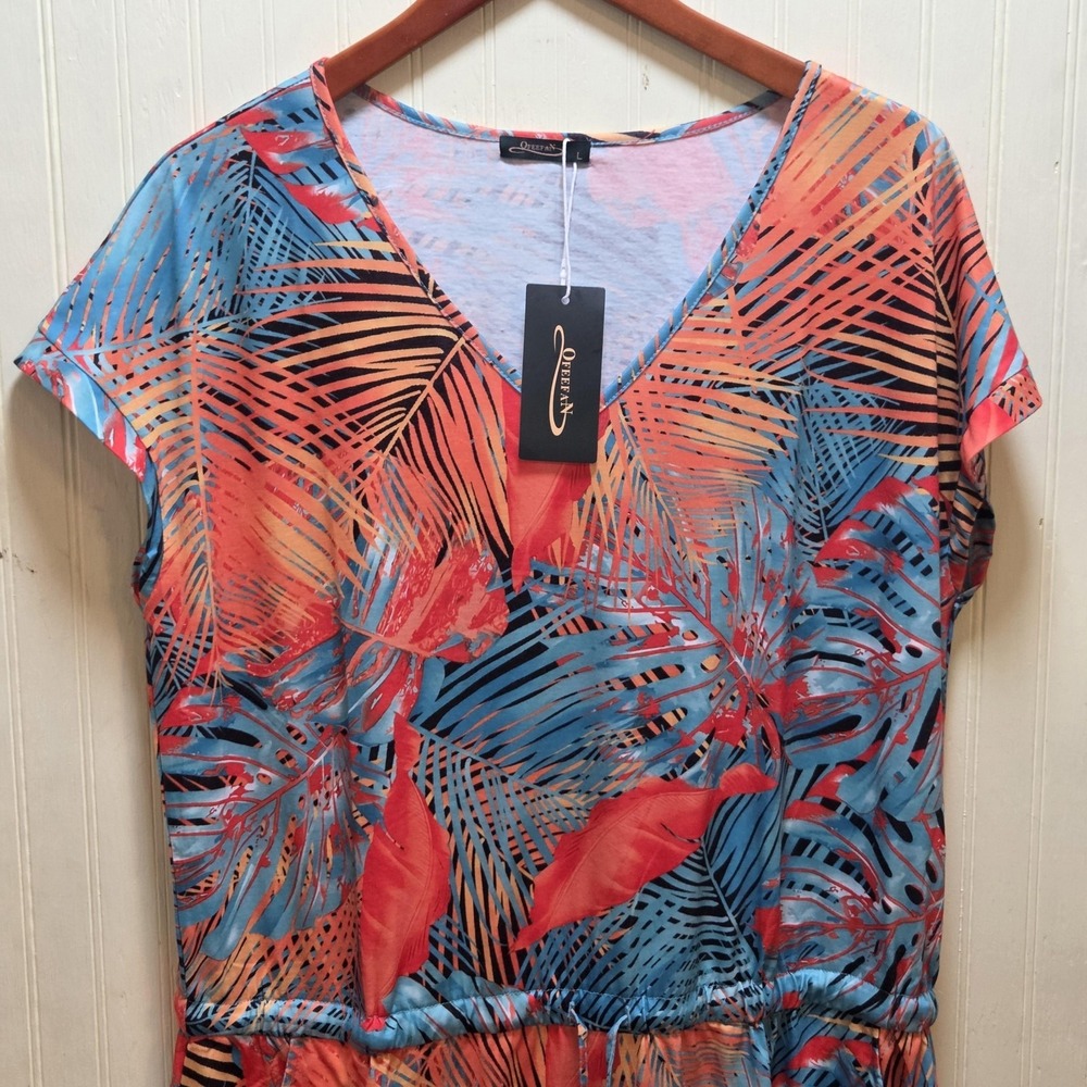 QFEEFAN Dress Womens Large Multicolor Floral V Neck Cap Sleeve Sundress Pockets